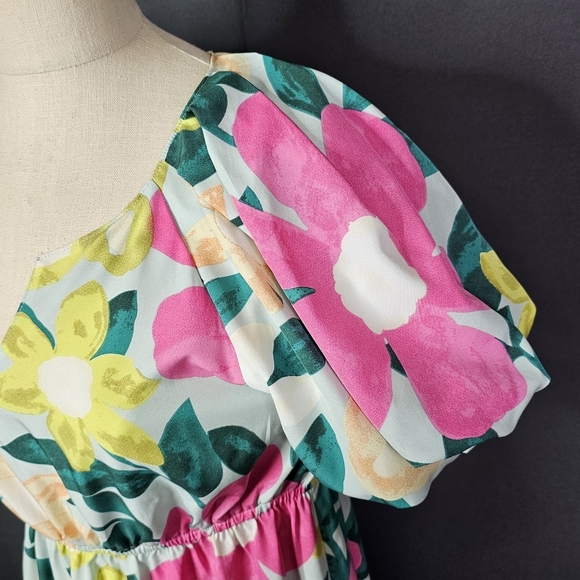 UMGEE MINT TIERED FLORAL PRINT NOTCHED PUFF SLEEVE MIDI DRESS - Picture 8 of 9